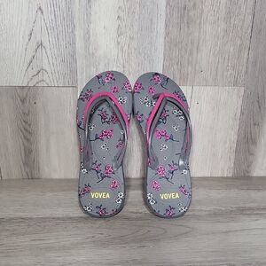 Vovea Womens 9/10 Floral‎ Thong Sandals Double Strap Grey Pink Cushioned